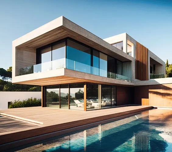 A modern two-story house with large glass windows and a pool in the foreground, under a clear sky.