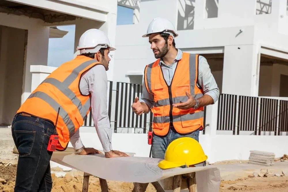 Two construction workers in safety vests and helmets discuss plans at a table on a construction site.