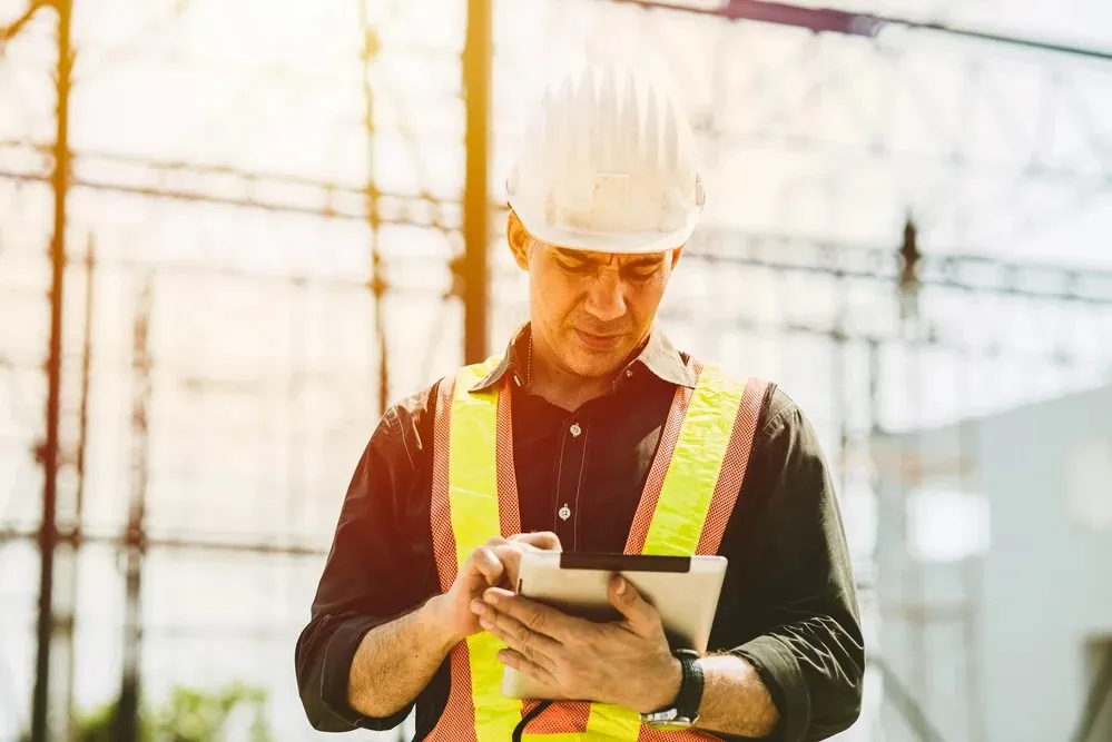 A construction worker in a safety vest and hard hat uses a tablet on-site, with scaffolding and sunlight in the background.