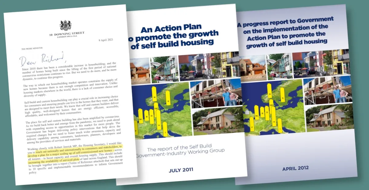 Three documents related to self-build housing, including a letter dated April 2021, a report from July 2011, and a progress report from April 2012.