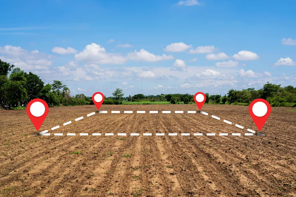 Open field with red location markers and dashed lines indicating a fenced-off area for a self-build project under a clear blue sky.