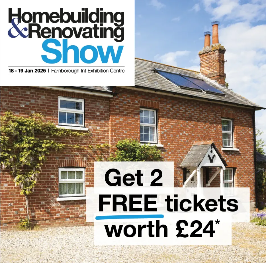 Promotional image for the Homebuilding & Renovating Show in January 2025, featuring a brick house and an offer for free tickets. Discover essential insights on self build insurance to safeguard your dream home journey.